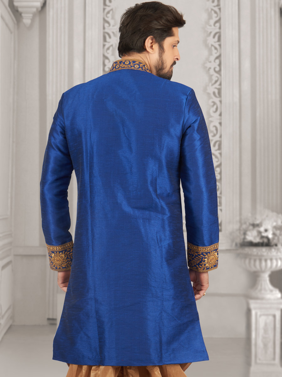 Denim Blue Art Banarasi Silk Embroidered Wedding Sherwani
