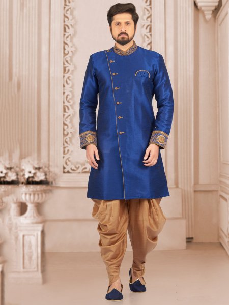 Denim Blue Art Banarasi Silk Embroidered Wedding Sherwani