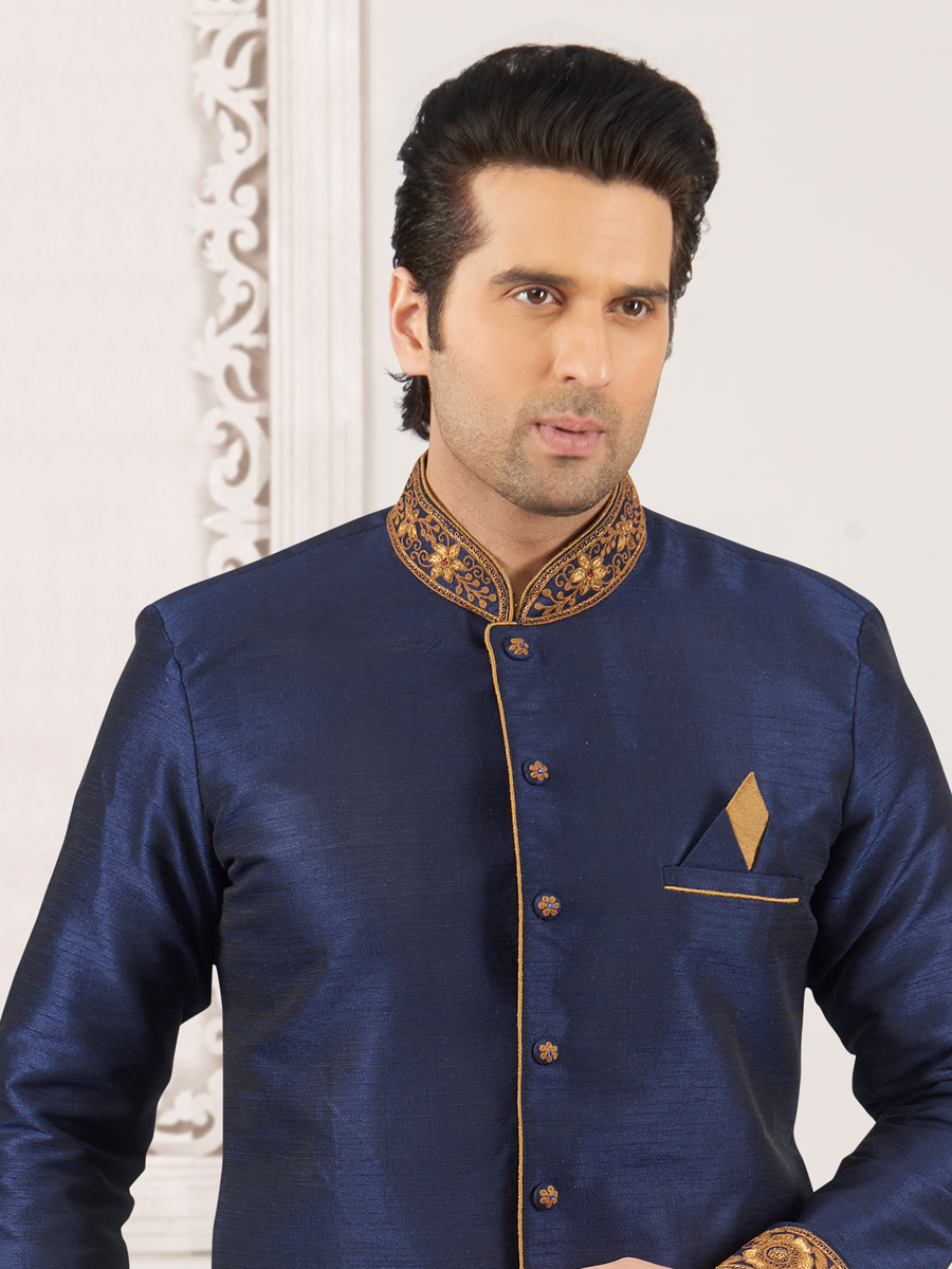 Sapphire Blue Art Banarasi Silk Embroidered Wedding Sherwani