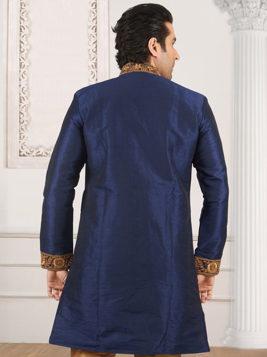 Sapphire Blue Art Banarasi Silk Embroidered Wedding Sherwani
