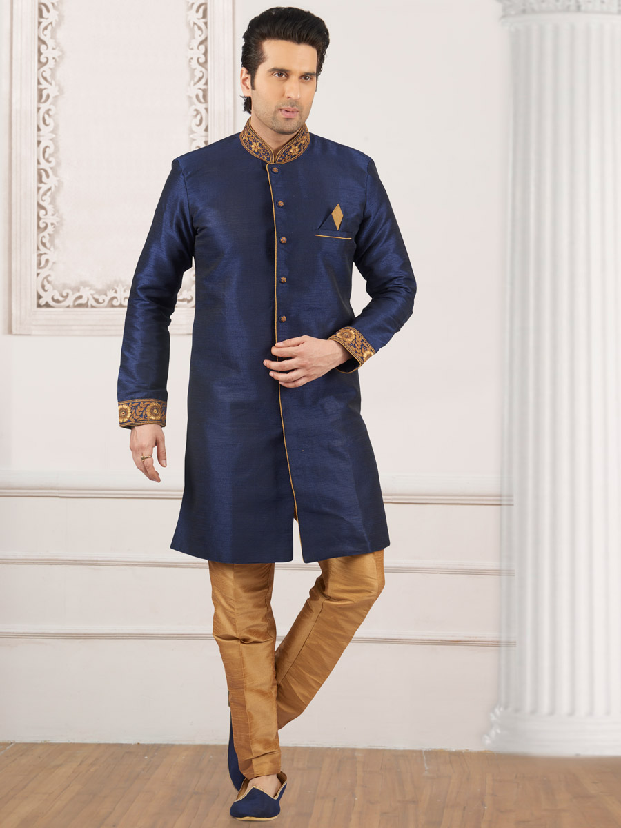 Sapphire Blue Art Banarasi Silk Embroidered Wedding Sherwani