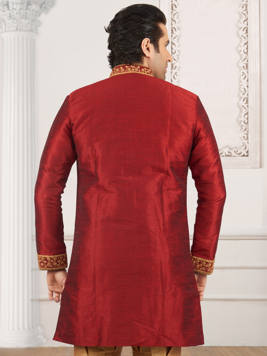 Carmine Red Art Banarasi Silk Embroidered Wedding Sherwani