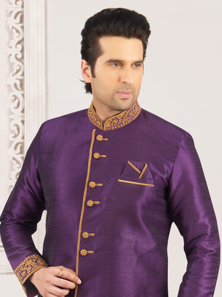 Amethyst Violet Art Banarasi Silk Embroidered Wedding Sherwani