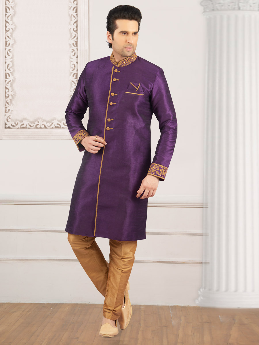 Amethyst Violet Art Banarasi Silk Embroidered Wedding Sherwani