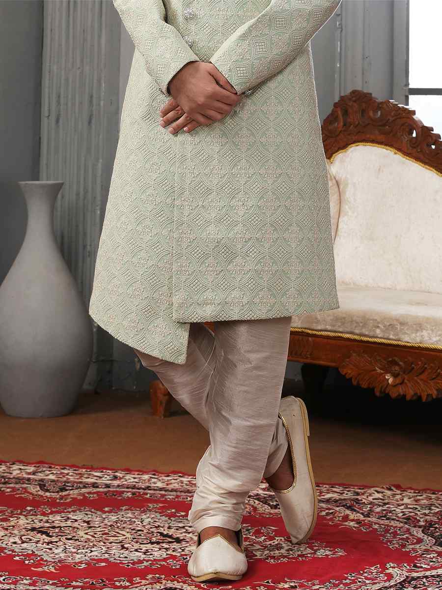 Pista Lukhnavi Embroidered Wedding Groom Sherwani