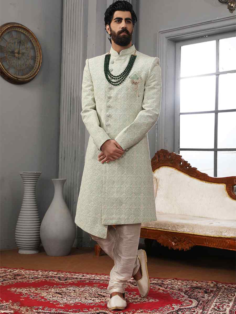 Pista Lukhnavi Embroidered Wedding Groom Sherwani