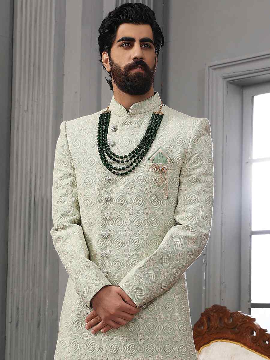Pista Lukhnavi Embroidered Wedding Groom Sherwani