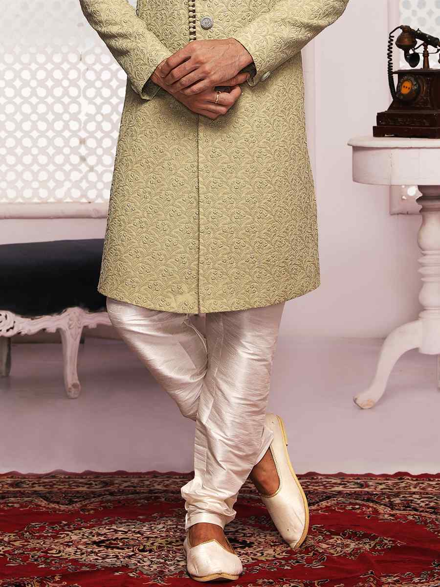 Pista Lukhnavi Embroidered Wedding Groom Sherwani