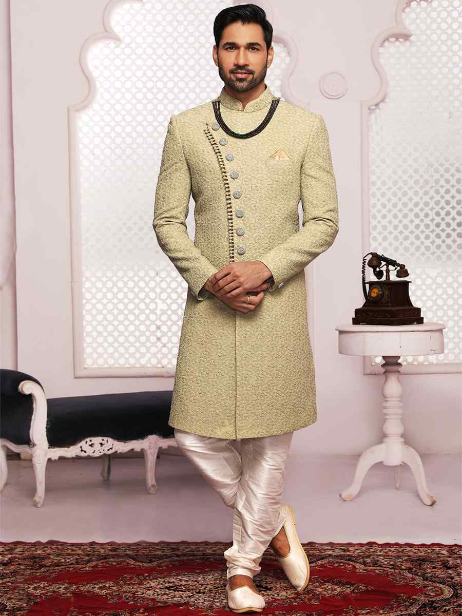 Pista Lukhnavi Embroidered Wedding Groom Sherwani