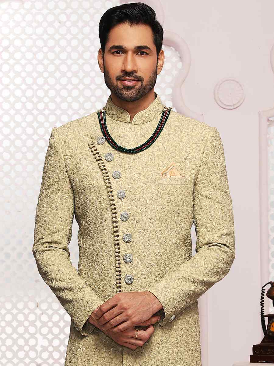 Pista Lukhnavi Embroidered Wedding Groom Sherwani