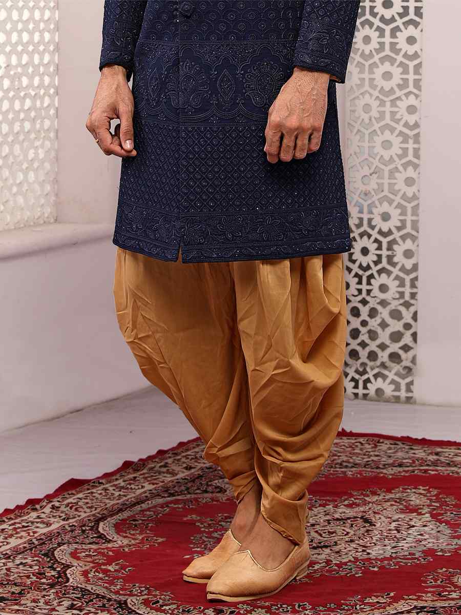 Blue Jacquard Lukhnavi Embroidered Wedding Groom Sherwani