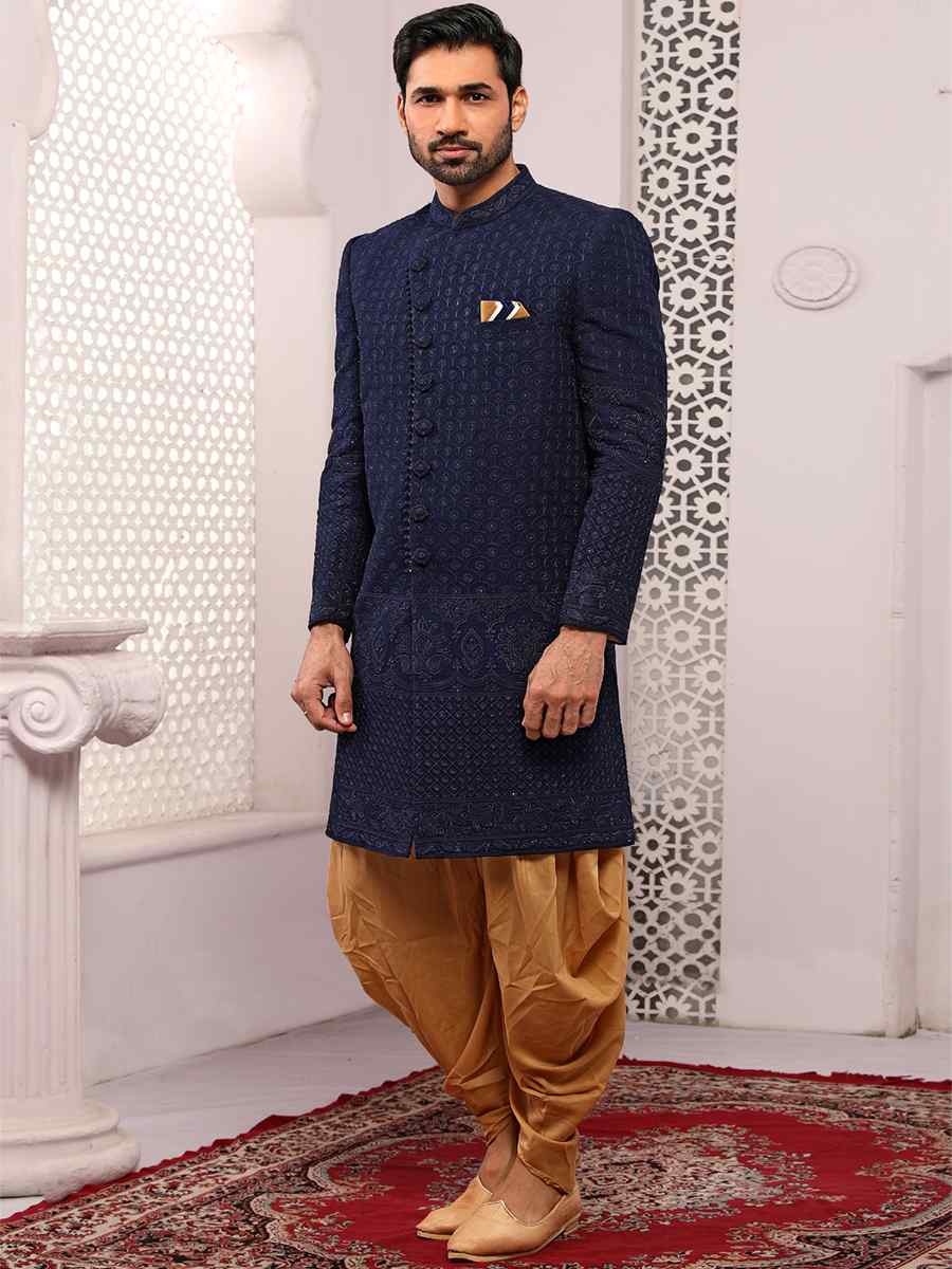 Blue Jacquard Lukhnavi Embroidered Wedding Groom Sherwani