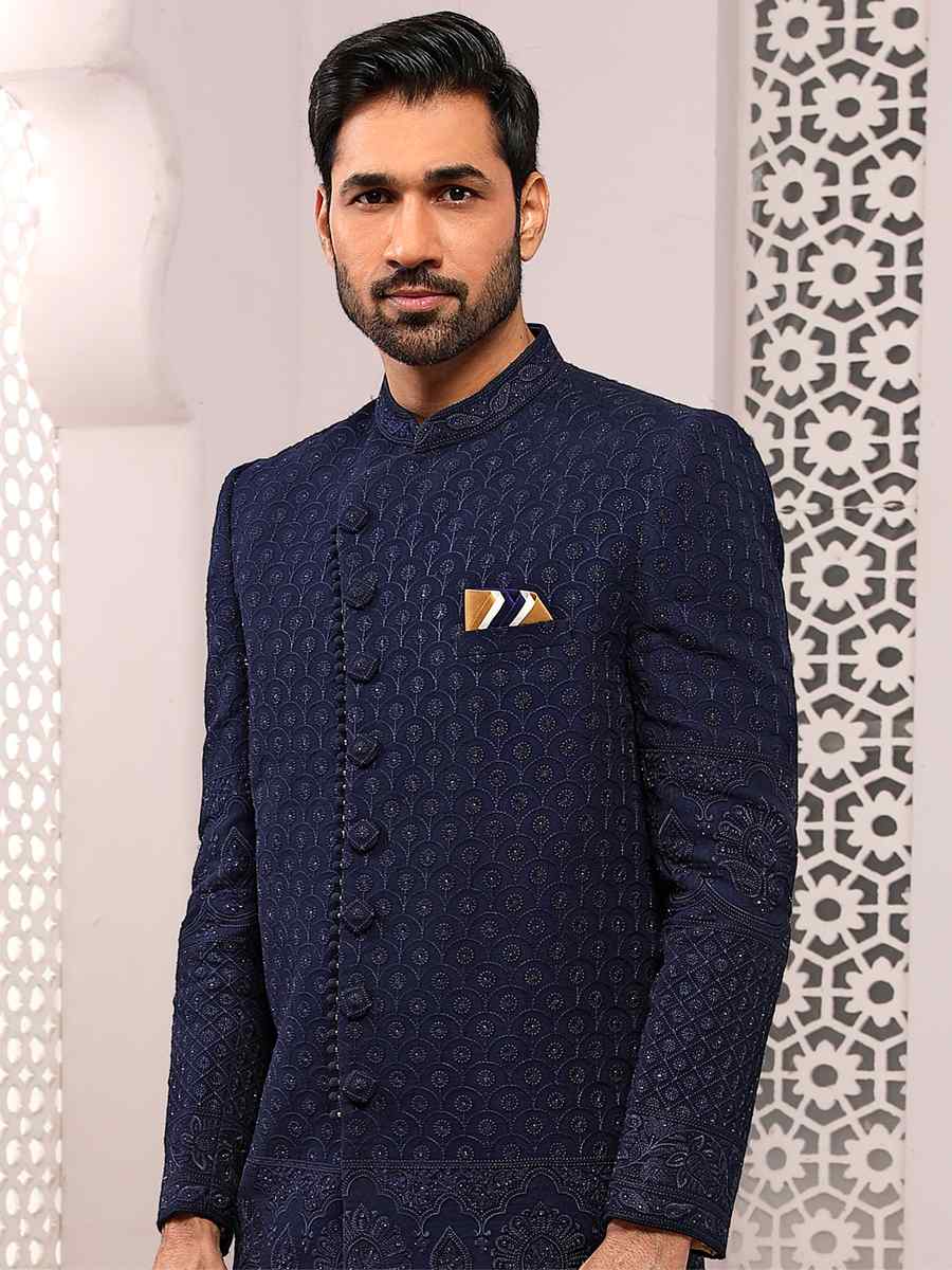 Blue Jacquard Lukhnavi Embroidered Wedding Groom Sherwani