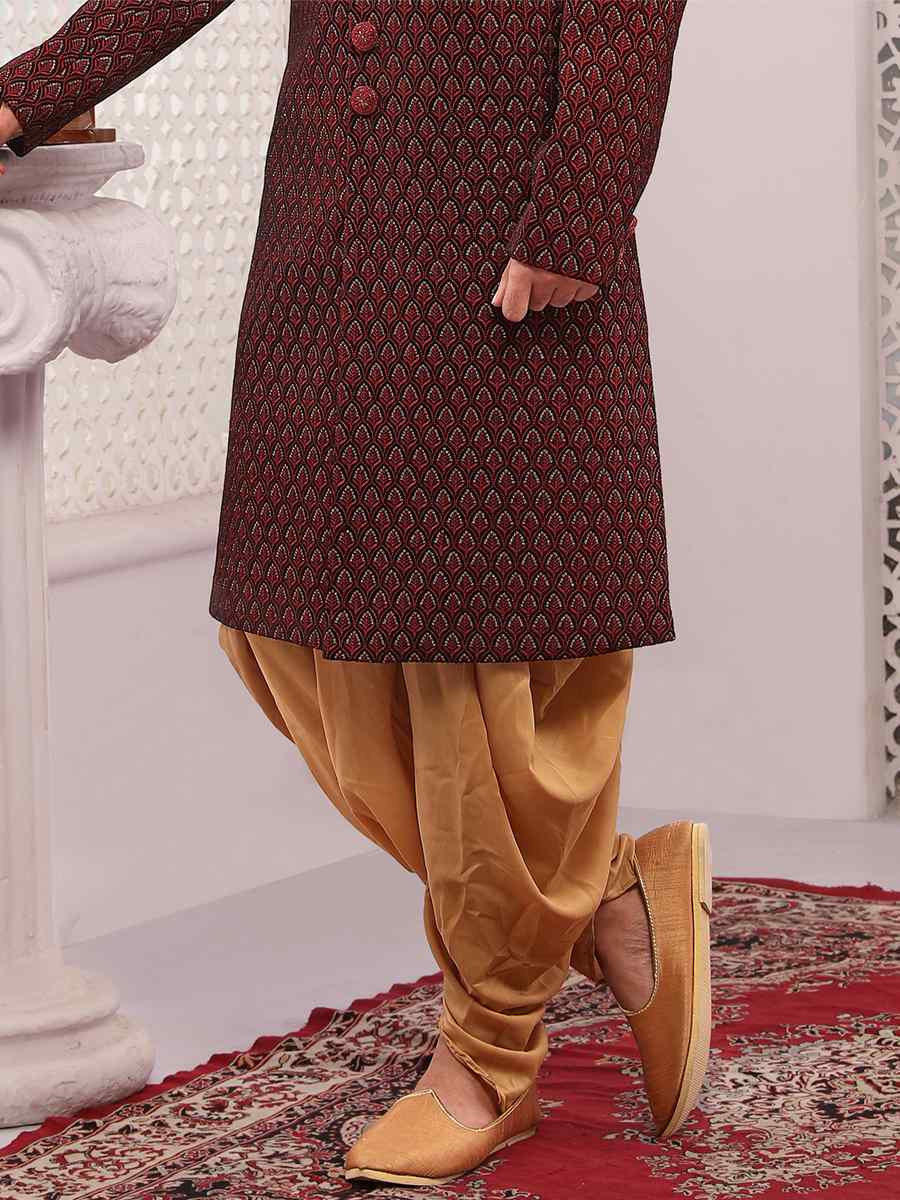 Maroon Velvet Embroidered Wedding Groom Sherwani