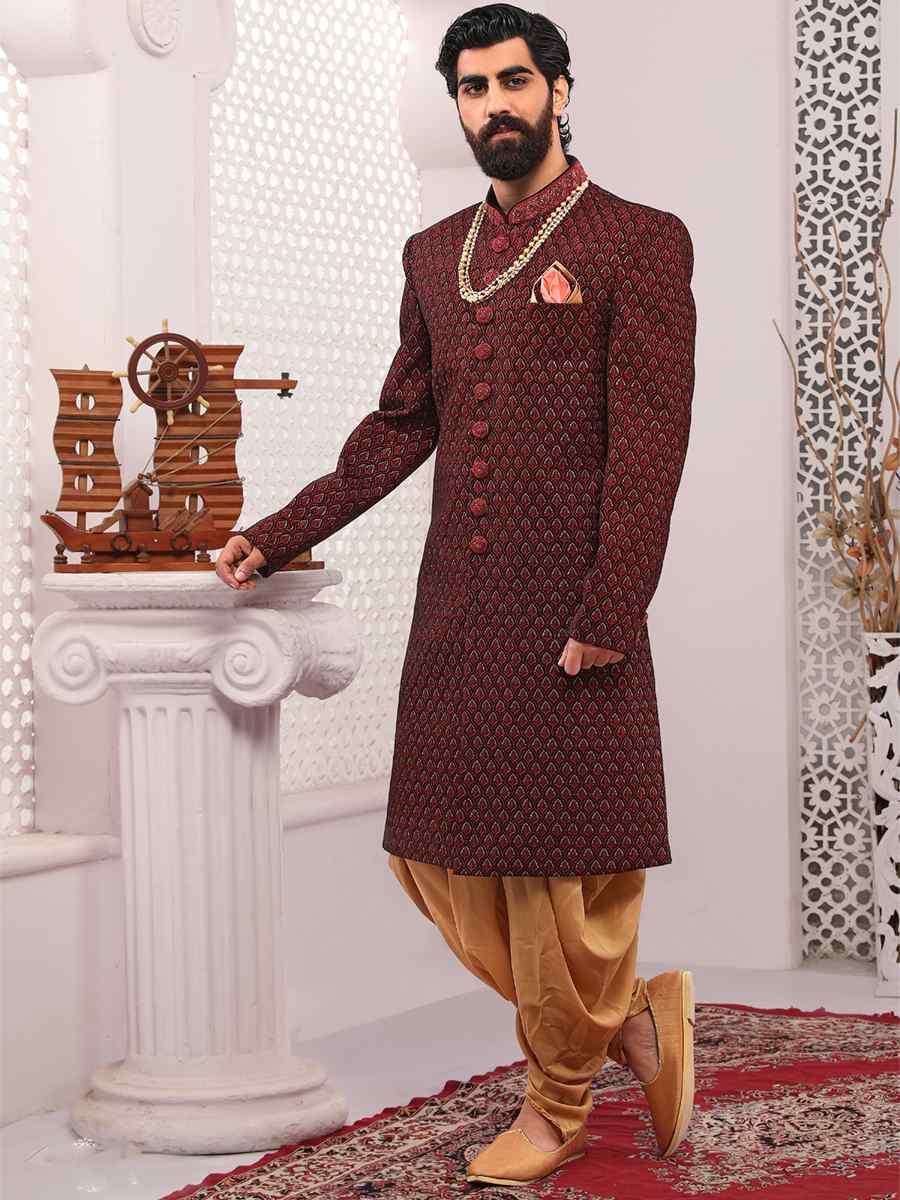 Maroon Velvet Embroidered Wedding Groom Sherwani