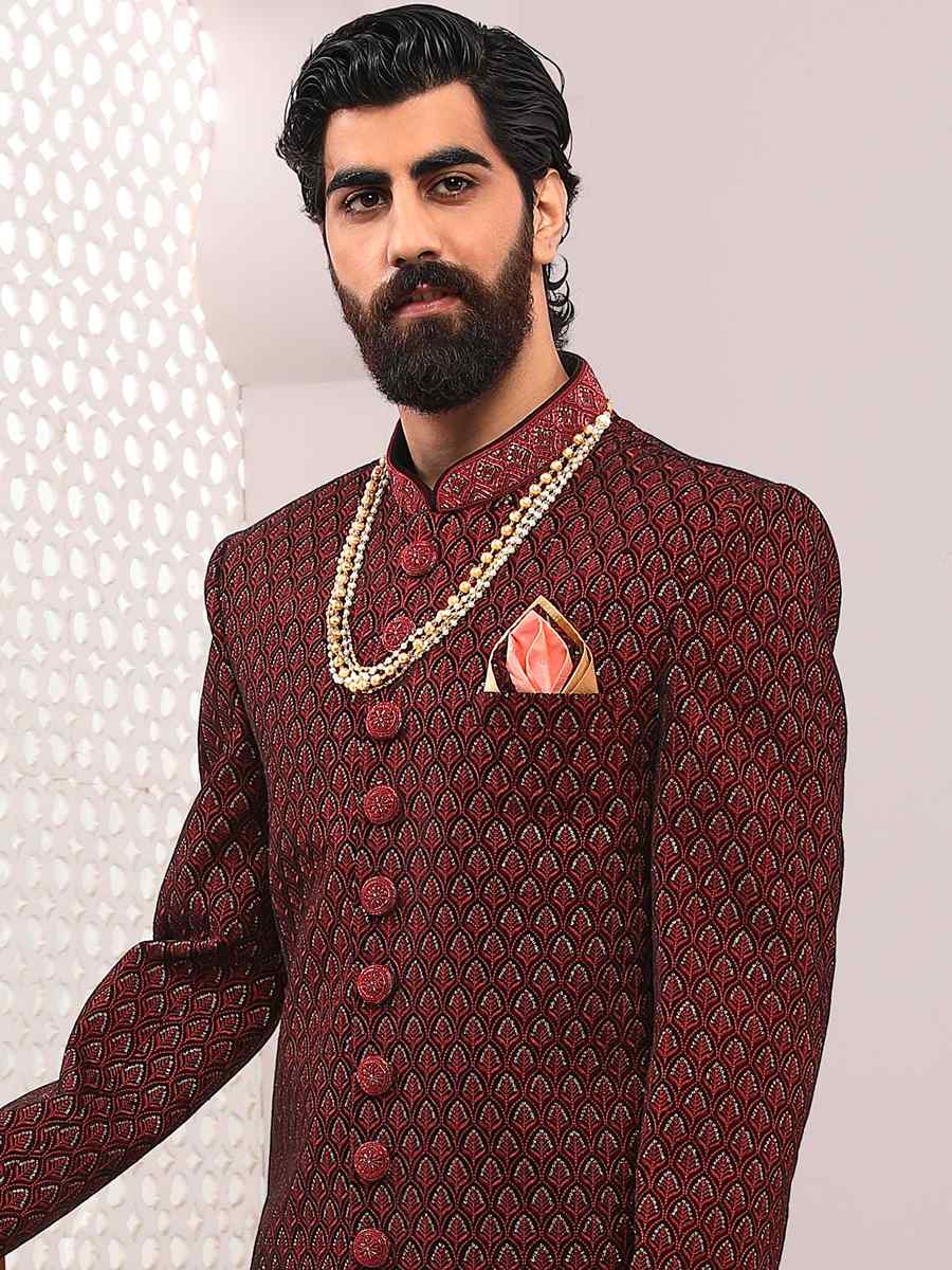 Maroon Velvet Embroidered Wedding Groom Sherwani