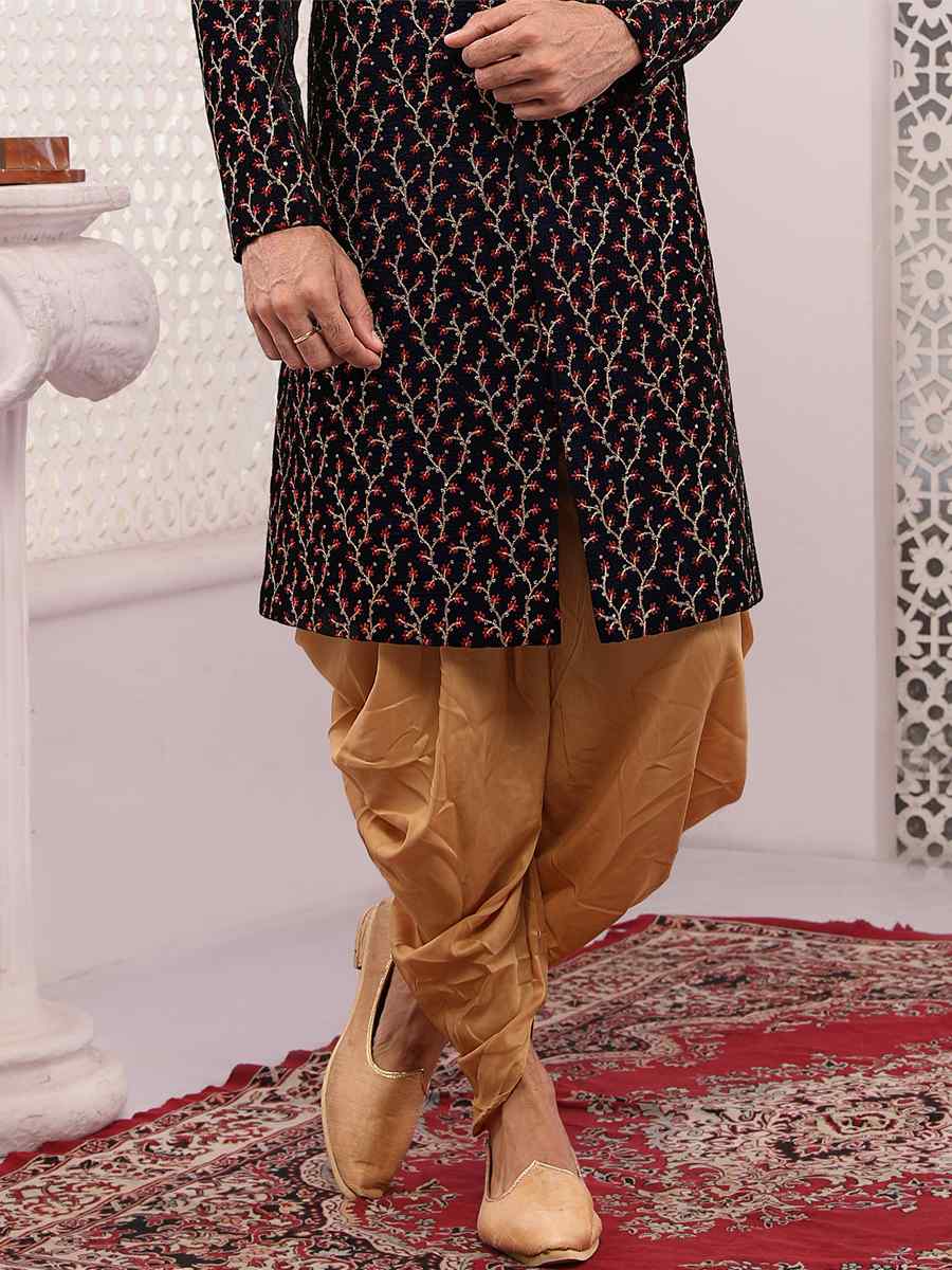 Wine Velvet Embroidered Wedding Groom Sherwani