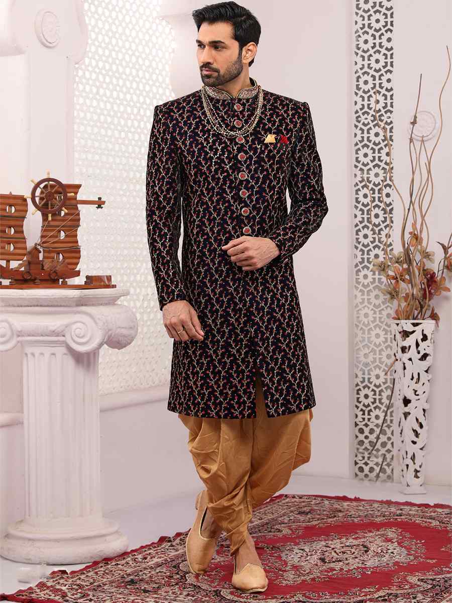 Wine Velvet Embroidered Wedding Groom Sherwani