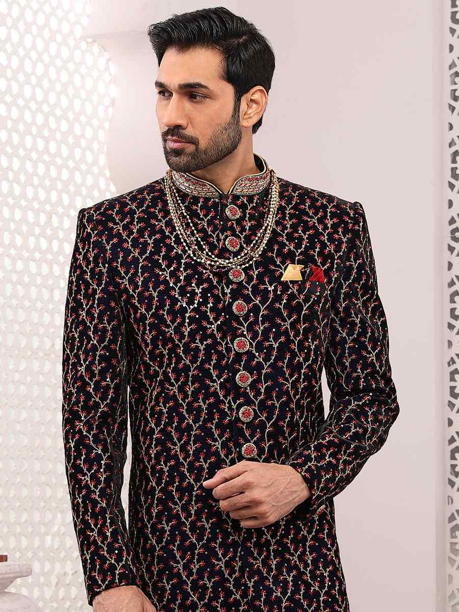 Wine Velvet Embroidered Wedding Groom Sherwani