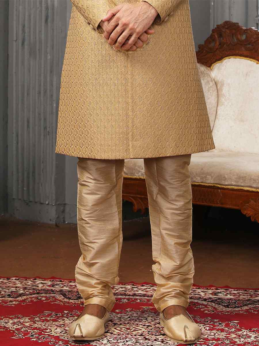 Dark Gold Art Banarasi Silk Embroidered Wedding Groom Sherwani