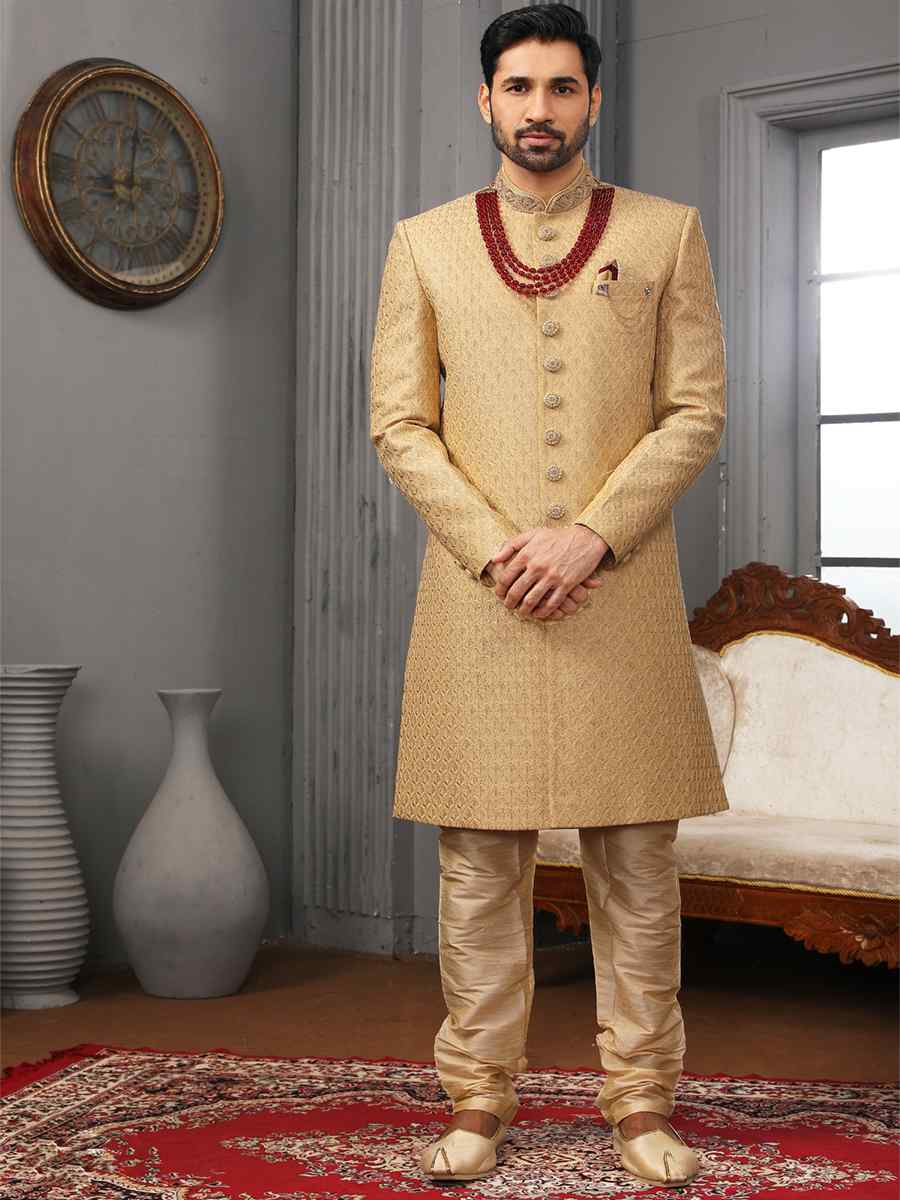 Dark Gold Art Banarasi Silk Embroidered Wedding Groom Sherwani