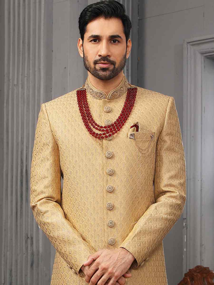 Dark Gold Art Banarasi Silk Embroidered Wedding Groom Sherwani