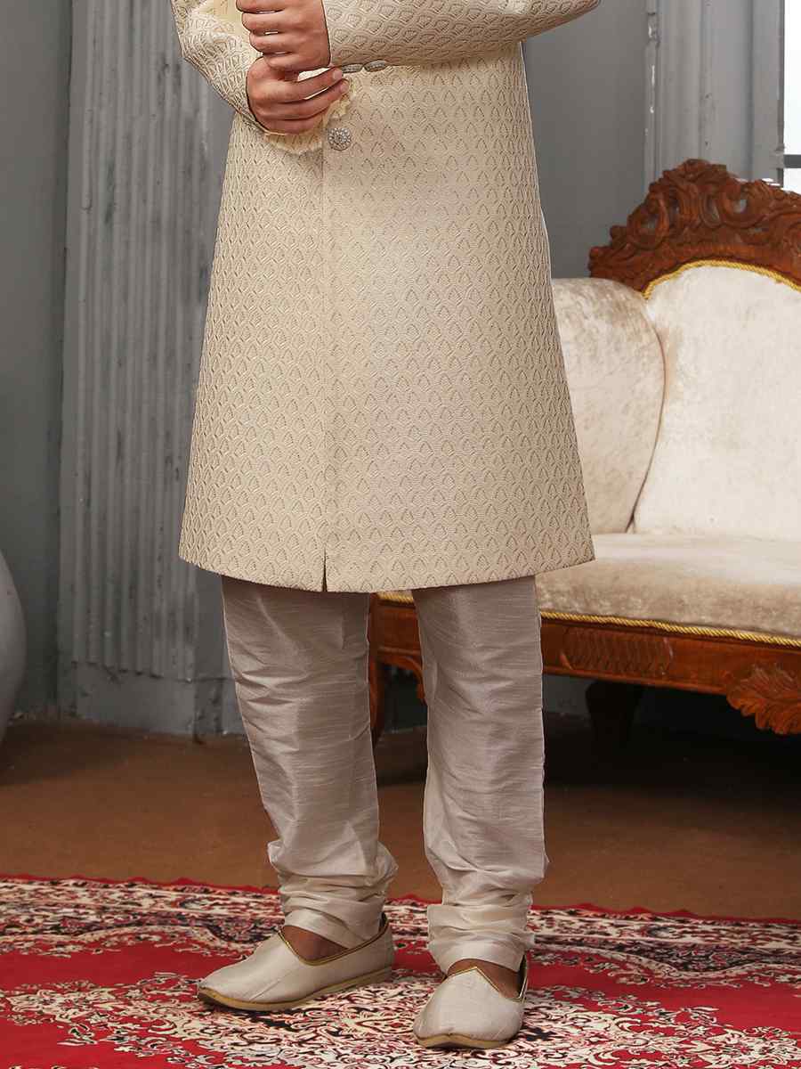 Cream Art Banarasi Silk Embroidered Wedding Groom Sherwani