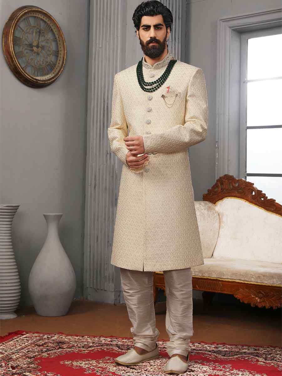 Cream Art Banarasi Silk Embroidered Wedding Groom Sherwani