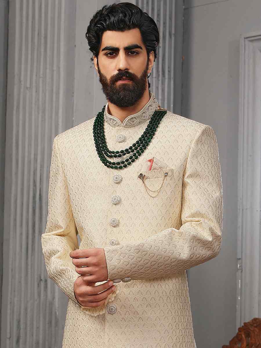 Cream Art Banarasi Silk Embroidered Wedding Groom Sherwani