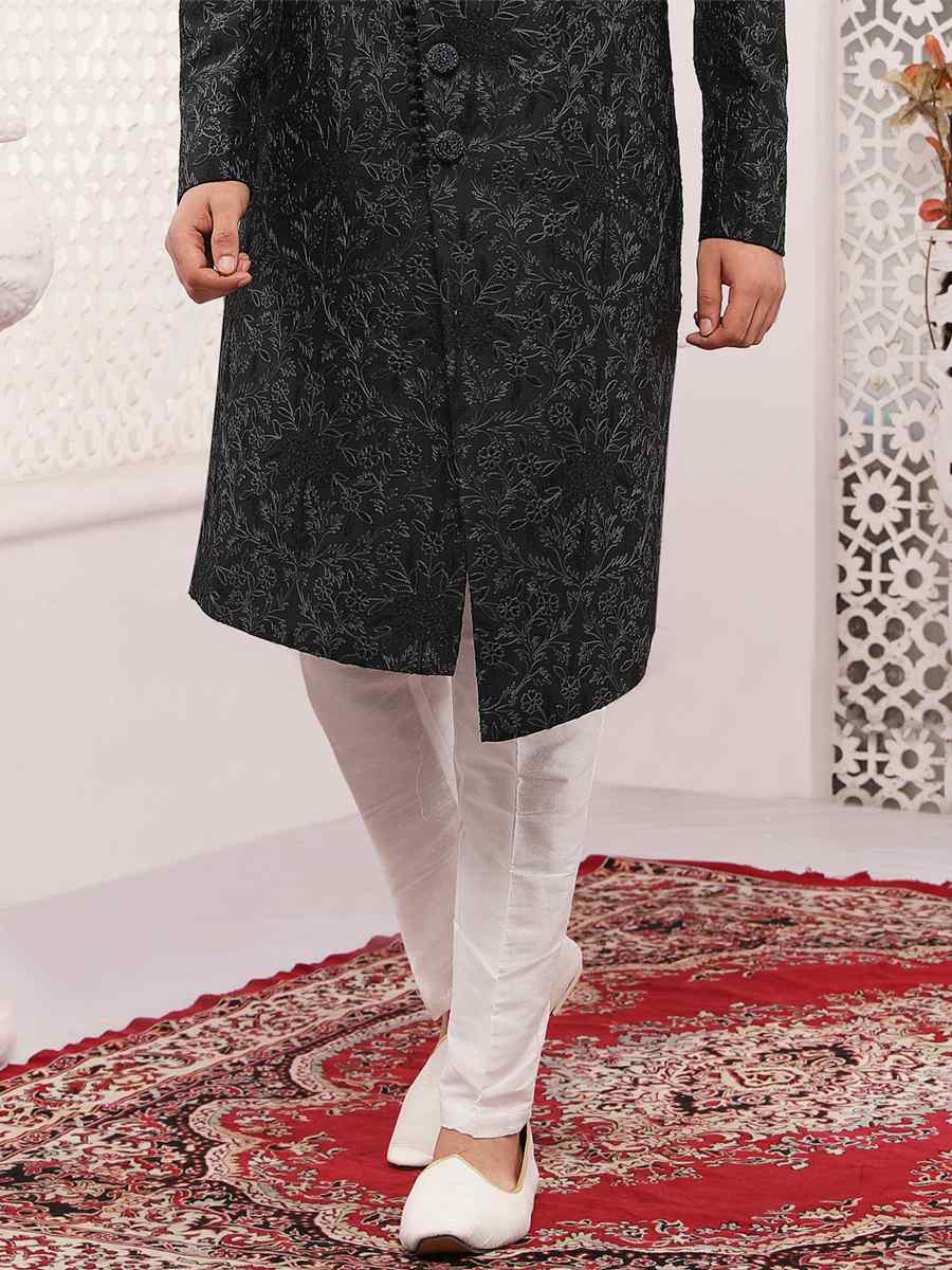 Black Lukhnavi Embroidered Wedding Groom Sherwani