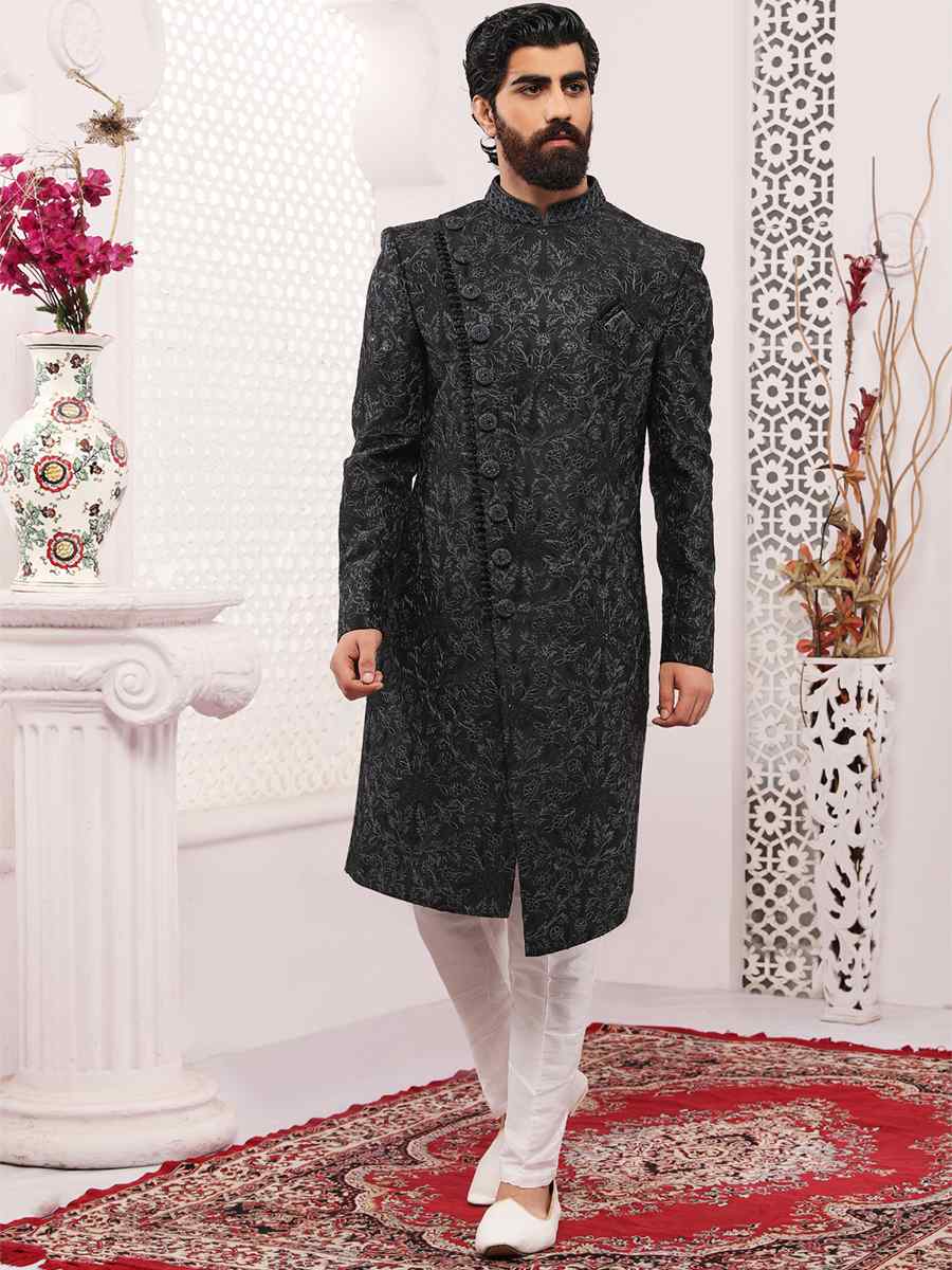 Black Lukhnavi Embroidered Wedding Groom Sherwani