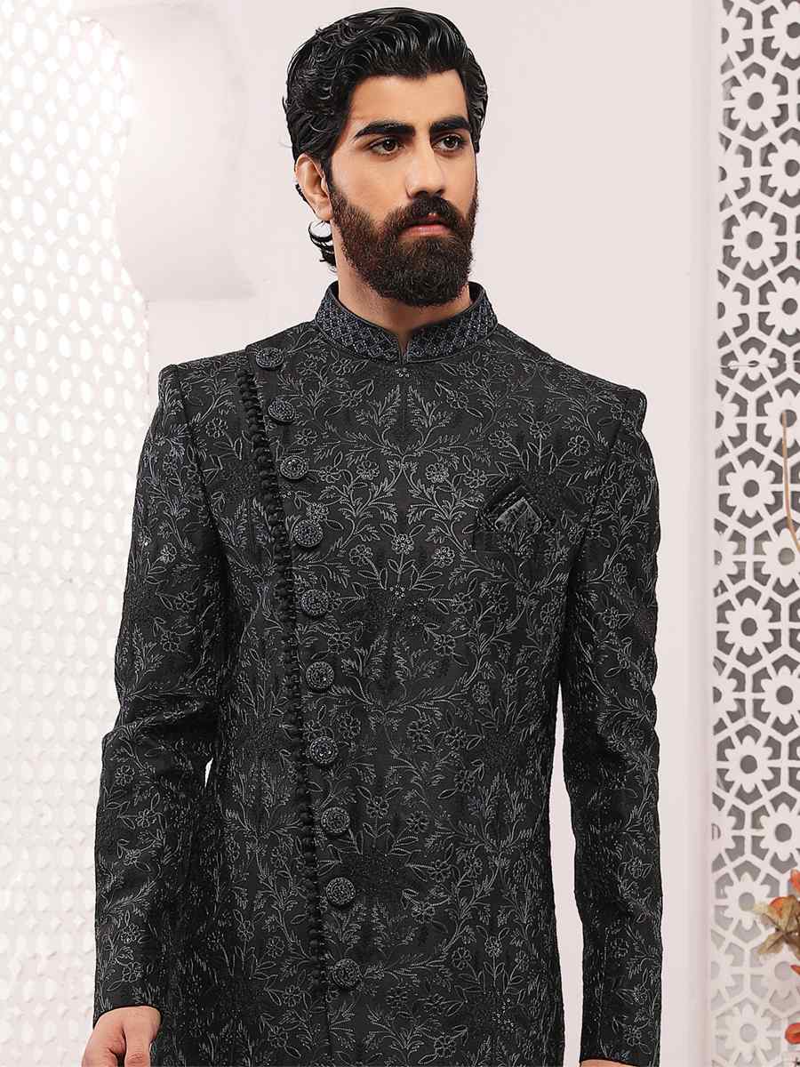 Black Lukhnavi Embroidered Wedding Groom Sherwani