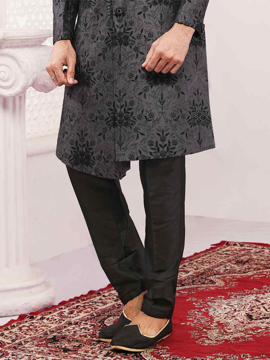 Black Art Banarasi Silk Embroidered Wedding Groom Sherwani