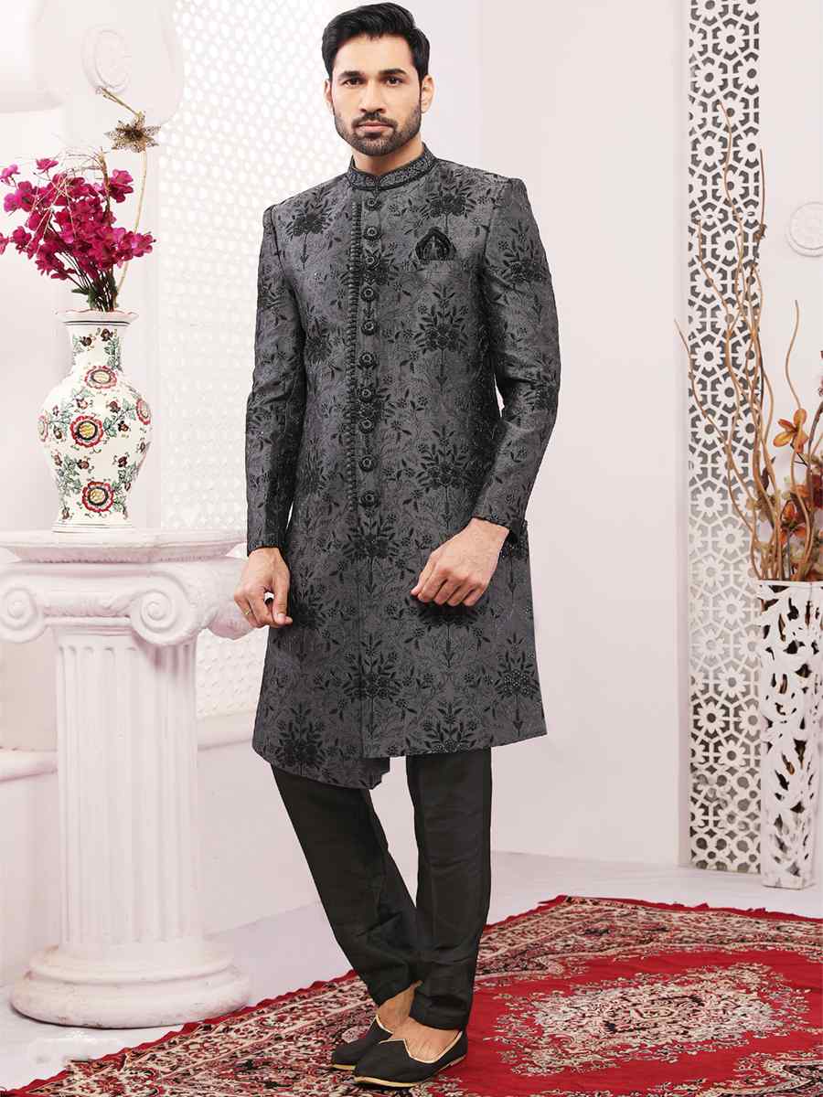 Black Art Banarasi Silk Embroidered Wedding Groom Sherwani