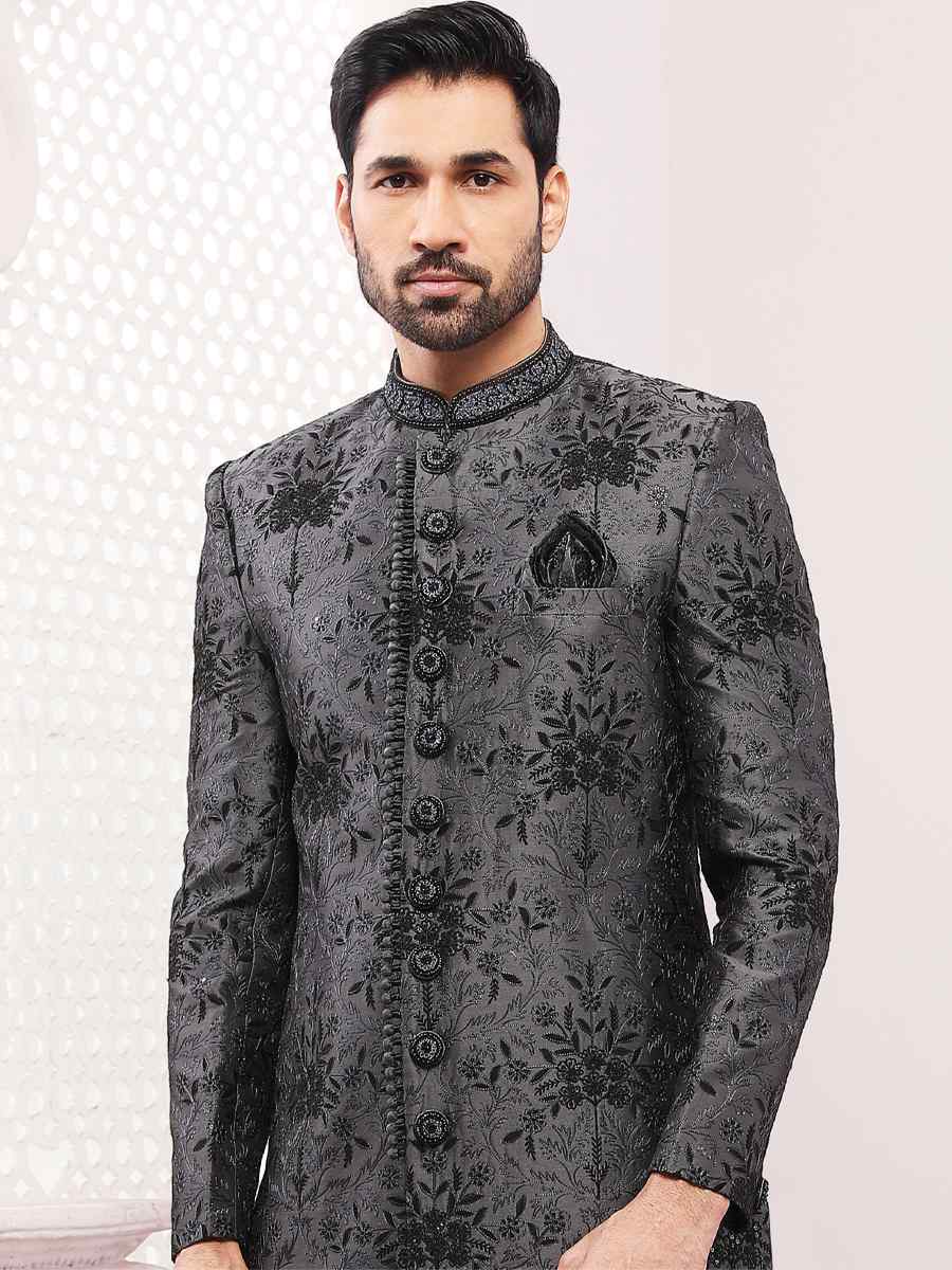 Black Art Banarasi Silk Embroidered Wedding Groom Sherwani