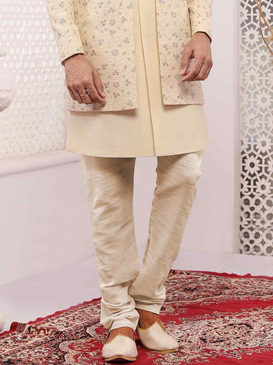 Cream Art Banarasi Silk Embroidered Wedding Groom Sherwani