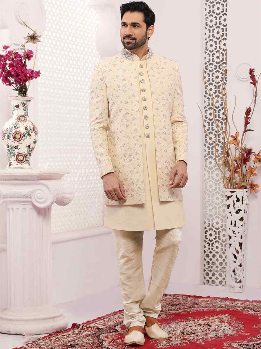 Cream Art Banarasi Silk Embroidered Wedding Groom Sherwani