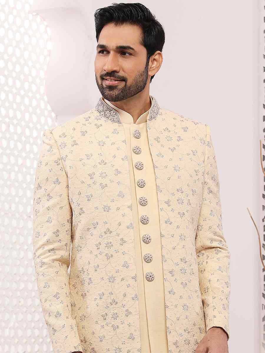 Cream Art Banarasi Silk Embroidered Wedding Groom Sherwani