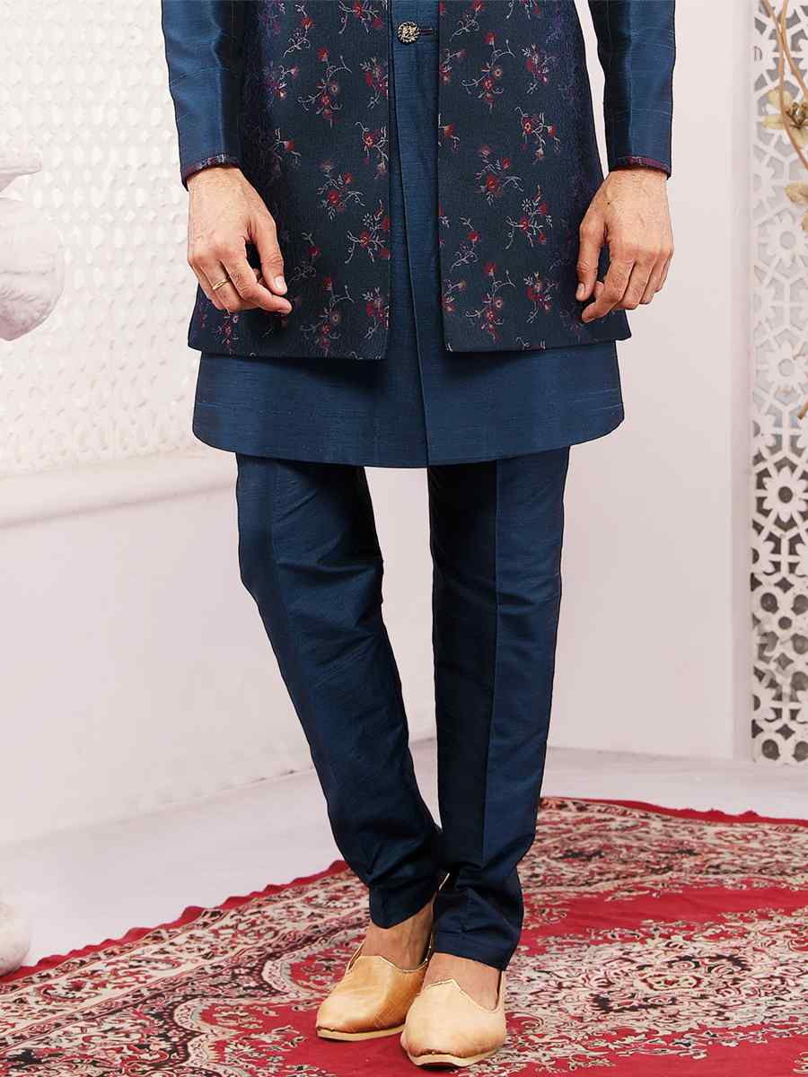 Blue Jacquard Silk Brocade Embroidered Wedding Groom Sherwani