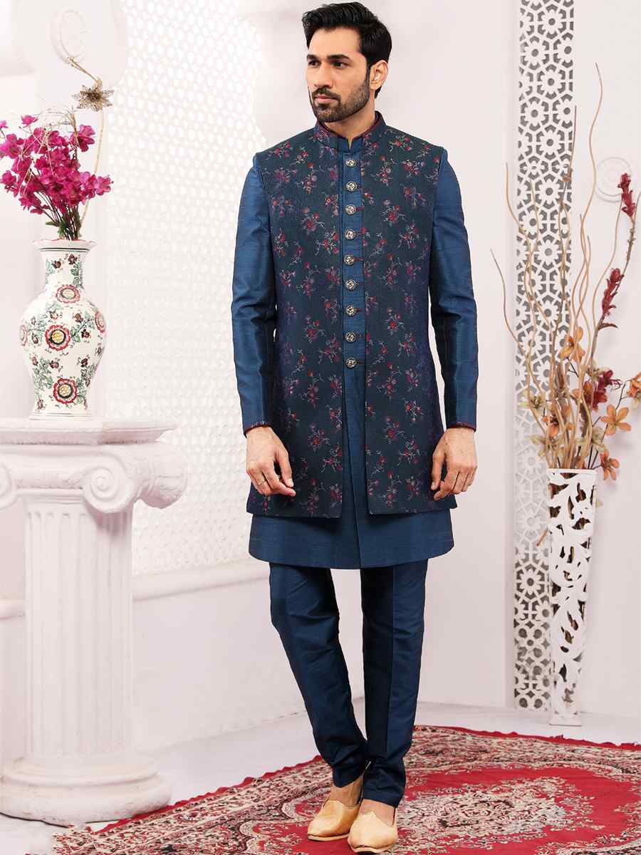 Blue Jacquard Silk Brocade Embroidered Wedding Groom Sherwani