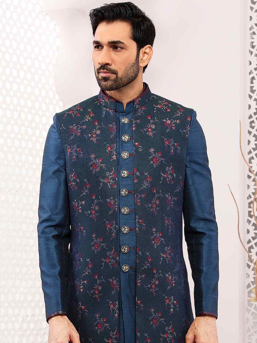Blue Jacquard Silk Brocade Embroidered Wedding Groom Sherwani