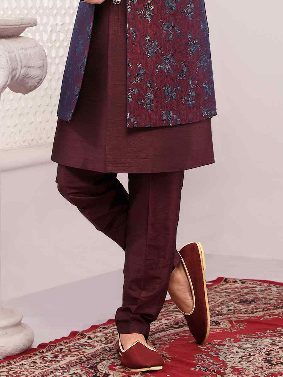 Wine Jacquard Silk Brocade Embroidered Wedding Groom Sherwani