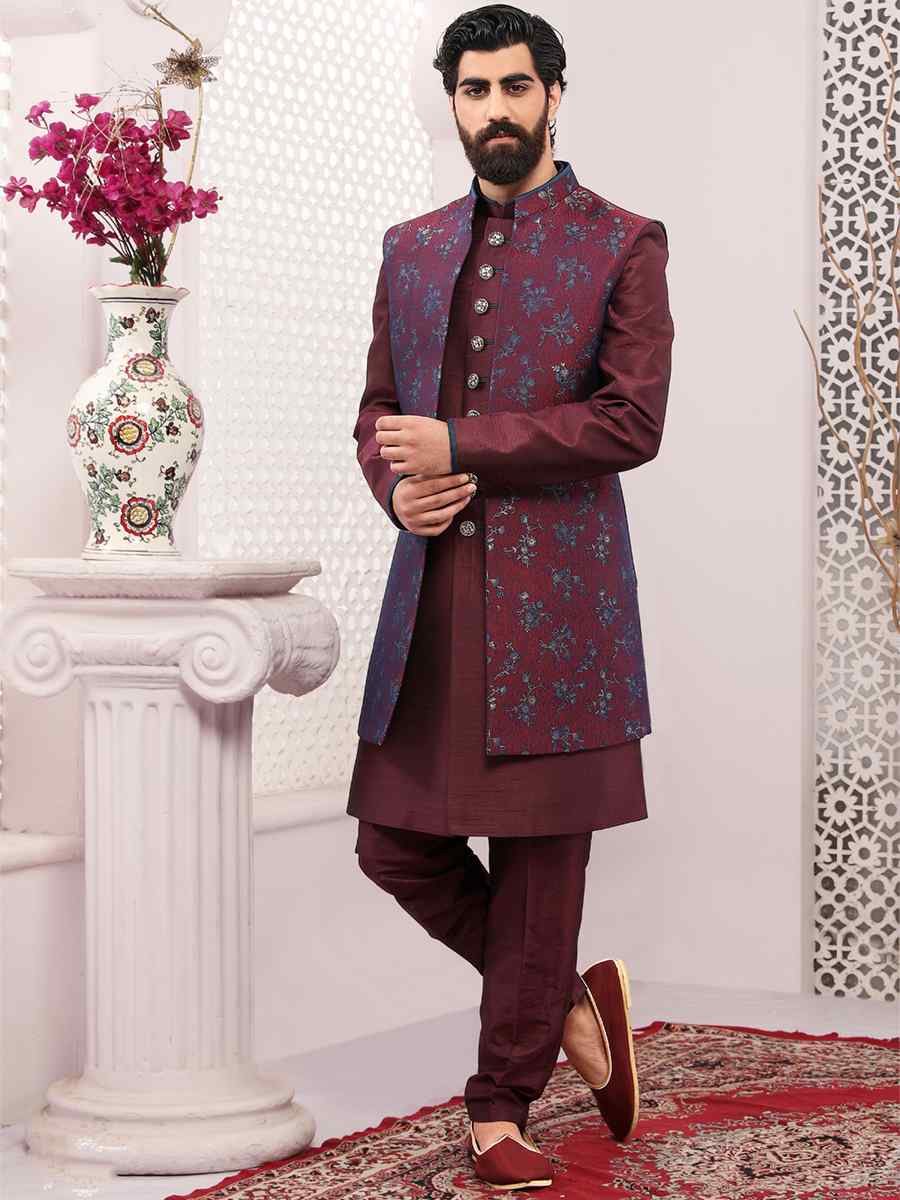 Wine Jacquard Silk Brocade Embroidered Wedding Groom Sherwani