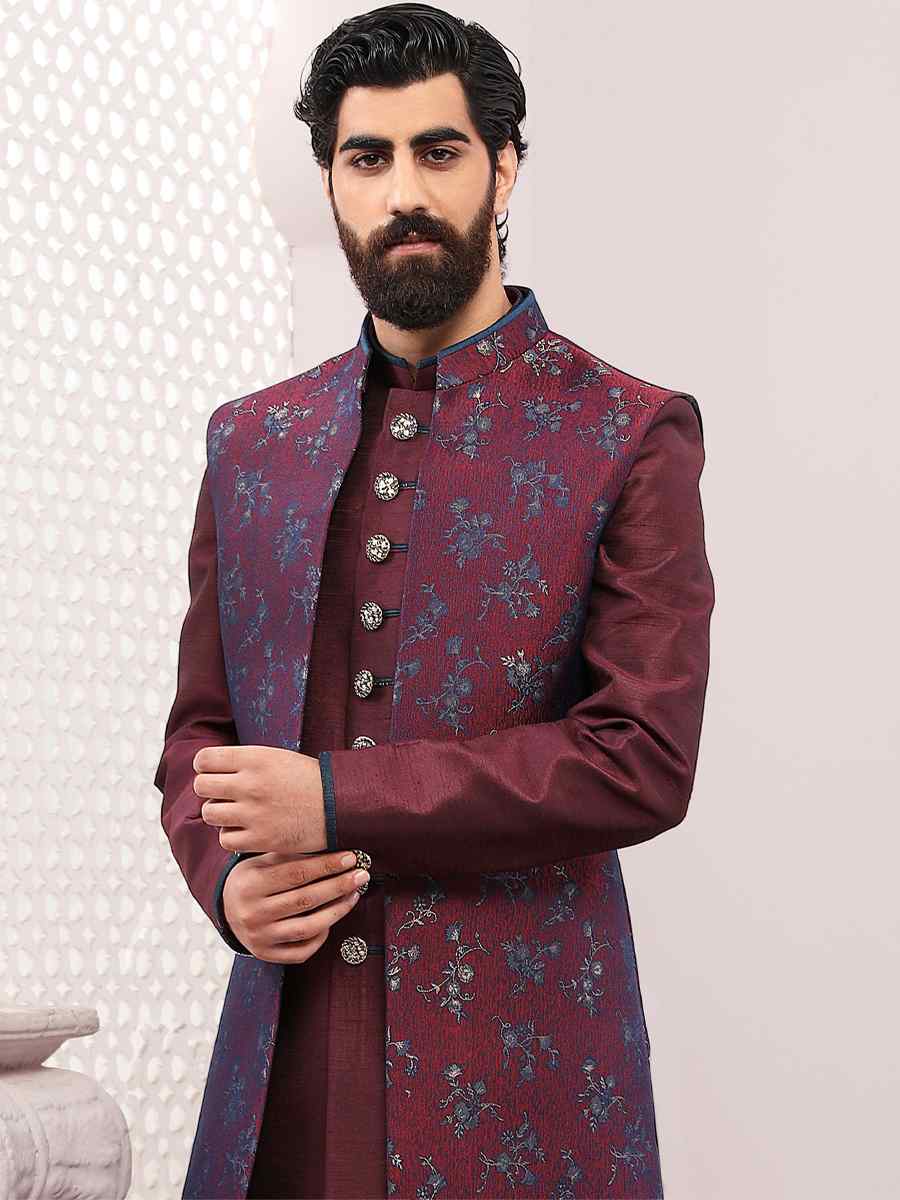 Wine Jacquard Silk Brocade Embroidered Wedding Groom Sherwani