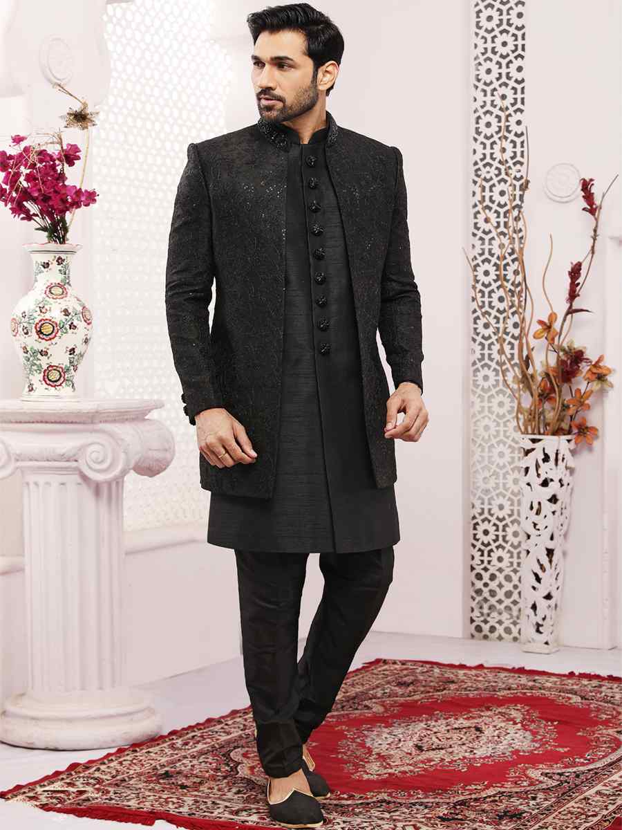 Black Art Banarasi Silk Embroidered Wedding Groom Sherwani