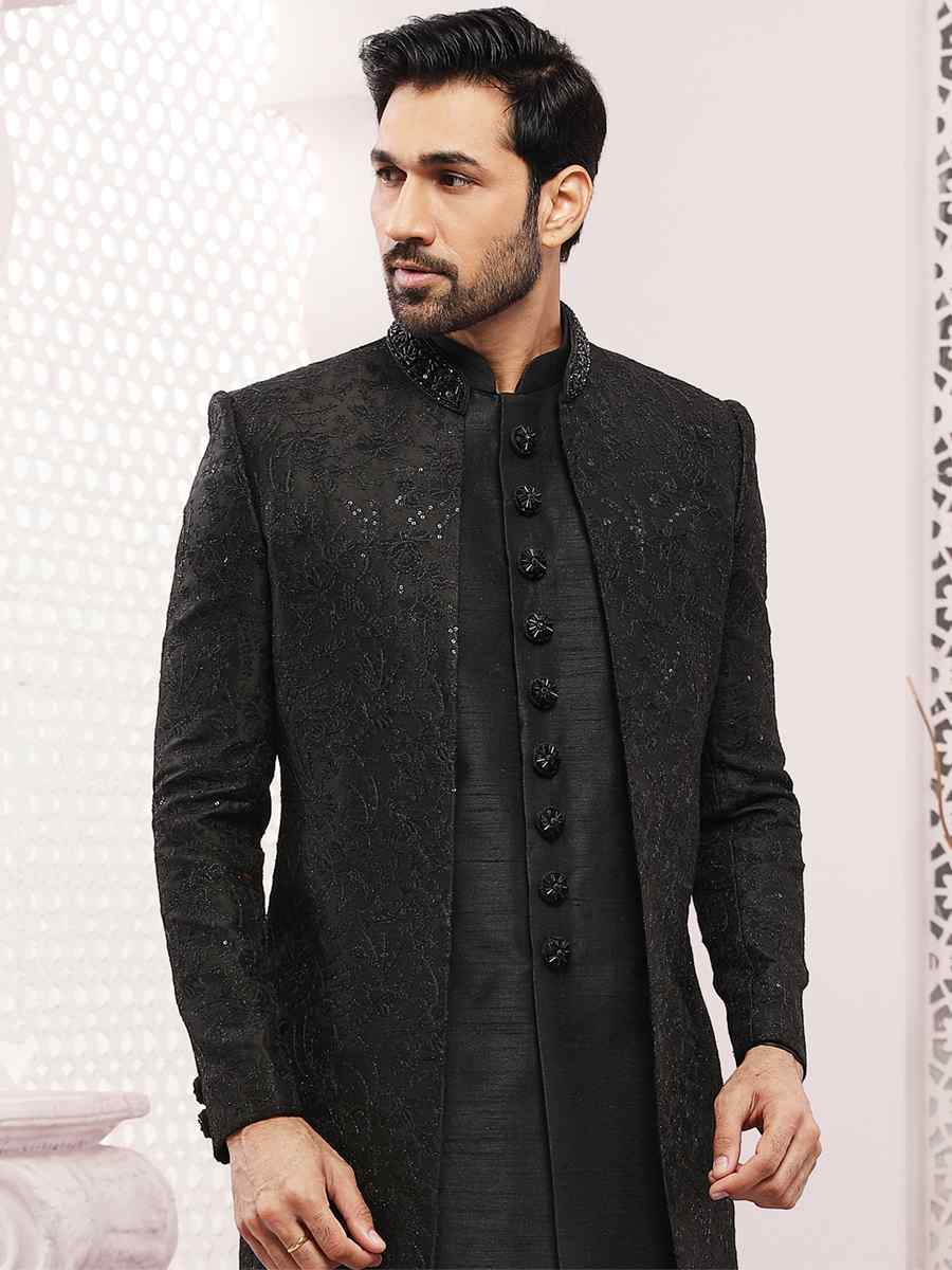 Black Art Banarasi Silk Embroidered Wedding Groom Sherwani