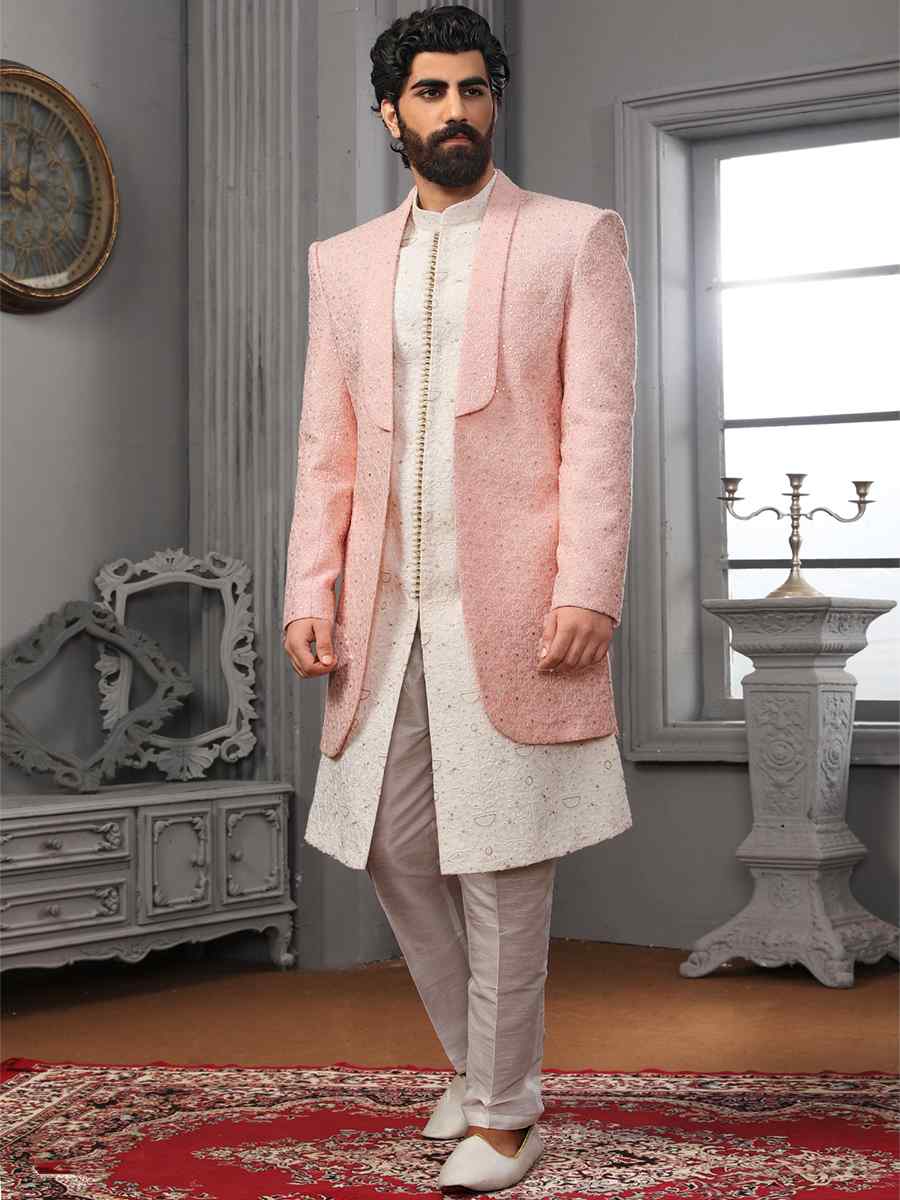 Pink Lukhnavi Embroidered Wedding Groom Sherwani