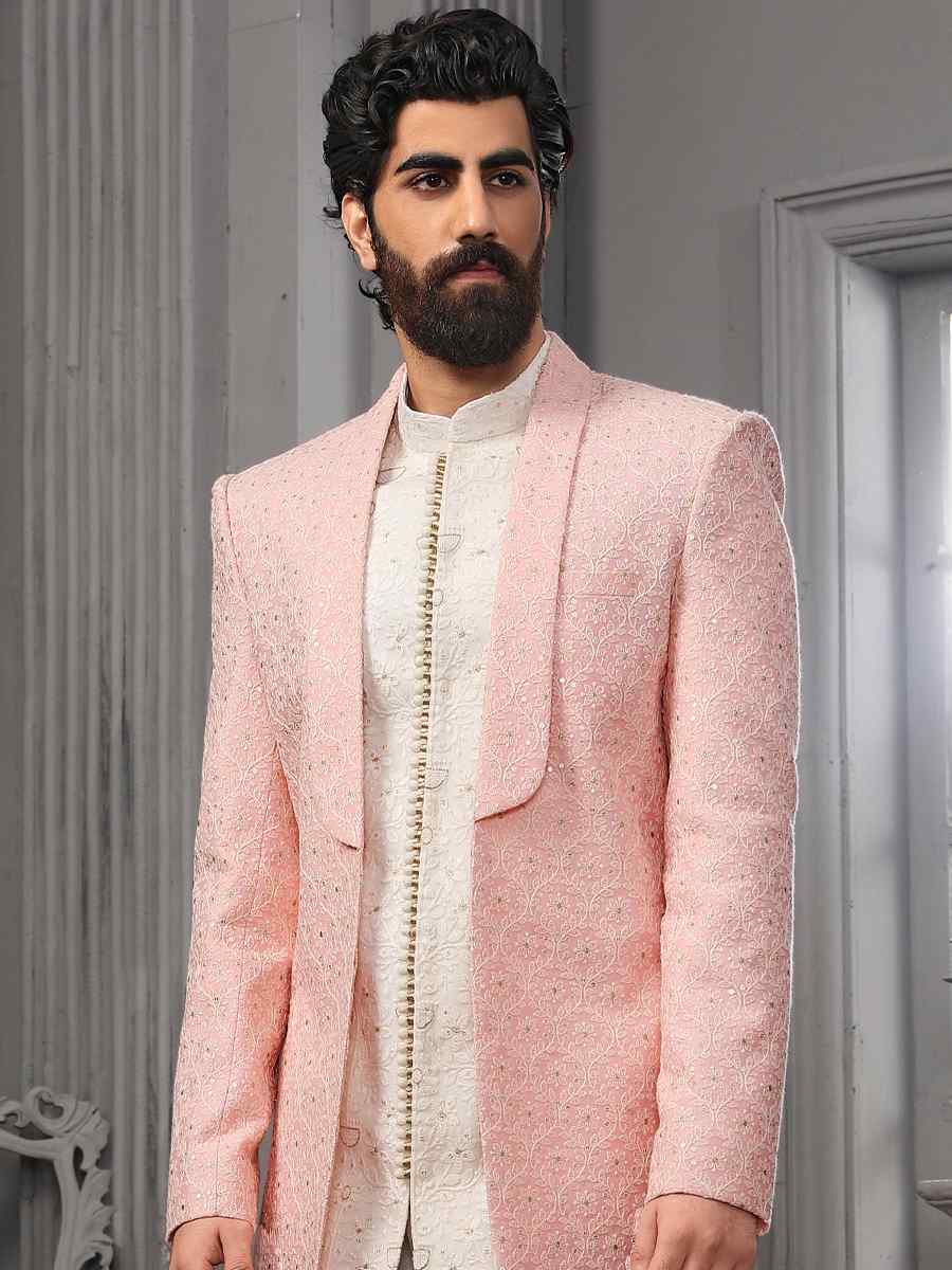 Pink Lukhnavi Embroidered Wedding Groom Sherwani