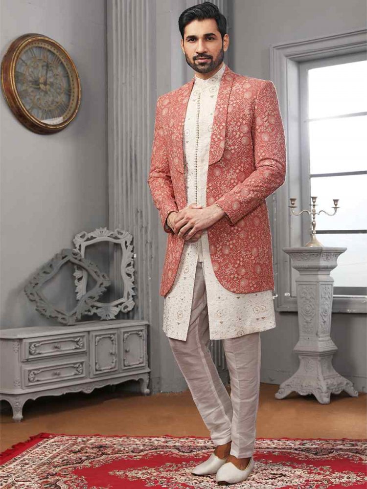 White Gajri Red Lukhnavi Embroidered Wedding Groom Sherwani