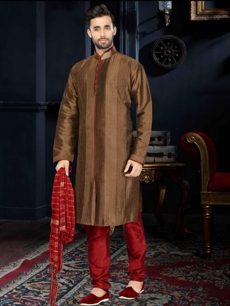 Auburn Brown Art Dupion Silk Festival Embroidered Kurta